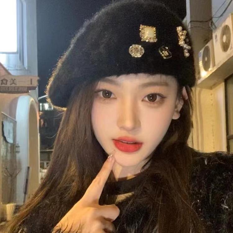 Heavy Industry Rhinestone Beret Women's Autumn and Winter Warm Plush Painter Hat Fashion Versatile Bud Hat Forward Hat Tide