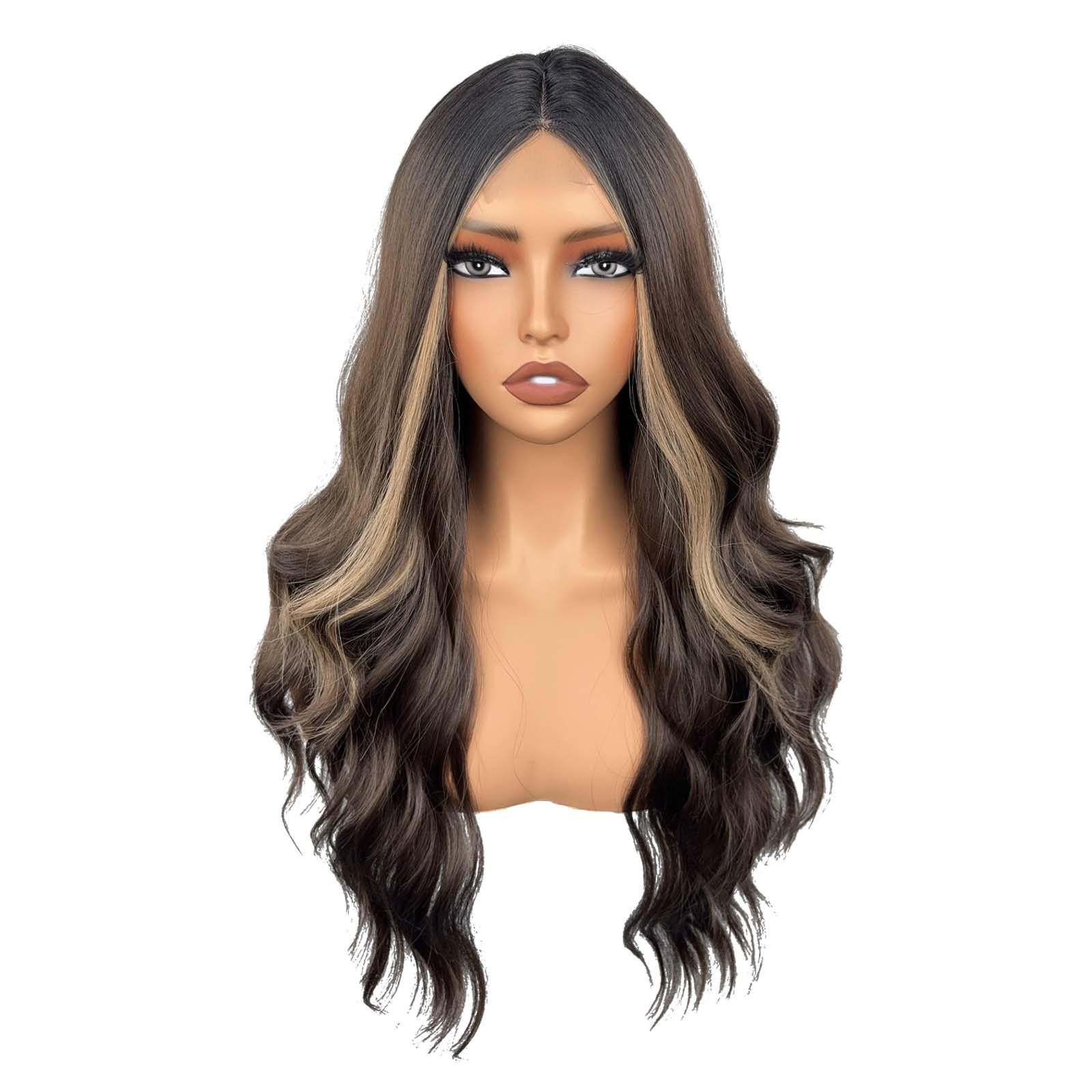European Women s Medium Long Curly Lace Wig with Highlights - Synthetic Fiber