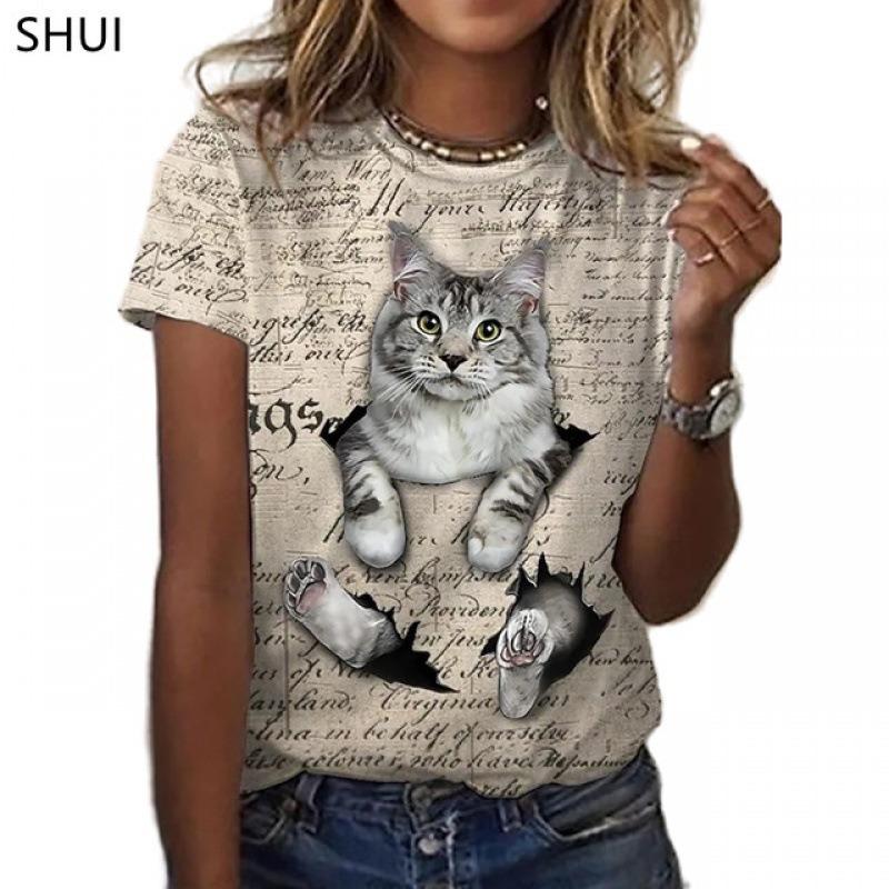 Animal Series Digital 3D Printed Men's Women's Short Sleeved T-shirt Cute Cat Round Neck Base Top