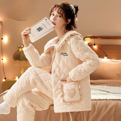 Korallfløyel Pyjamas Dame Vinter Tre Tykk Flanell Vattert Jakke Koreansk Kasjmir Dame Hjemmeklærsett Kan Brukes Ute