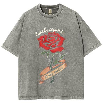 Romantic Rose-Print Women's T-Shirt Washed Fashionable Short-Sleeved Statement Features Oversized Tee Basics