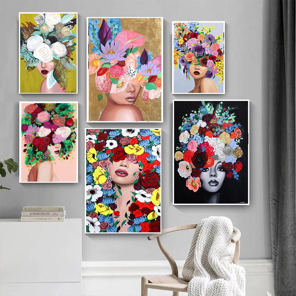 Mode Frauen Kopf Blume Wand Kunst Poster Abstrakte Kunstdrucke Sexy Mädchen Leinwand Malerei Moderne Bilder Wohnzimmer Wohnkultur
