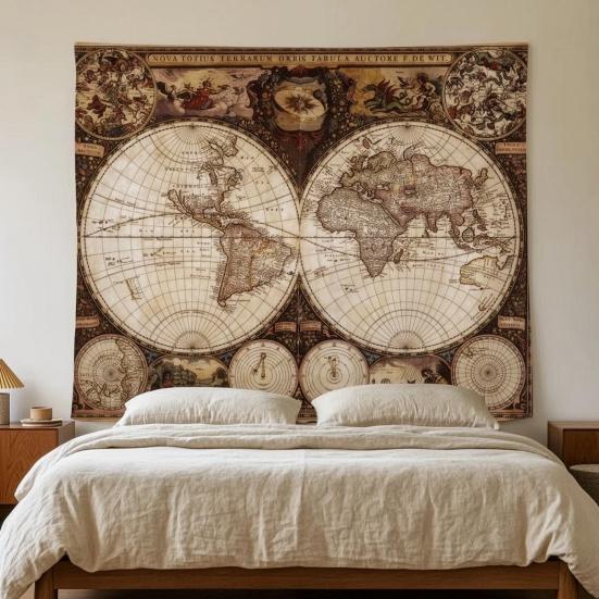 Tapeçaria de Parede Mundial, Pôster de Tecido da Terra para Sala de Estar, Arte de Parede Boho para Quarto, Capa de Fundo Vintage para Dormitório