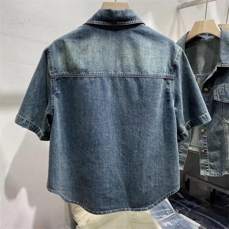 Women's Denim Shirt Spring Summer Loose Short Sleeve Ladies Cowboy Tops Temperament Single-breasted Lady Leisure Blouse