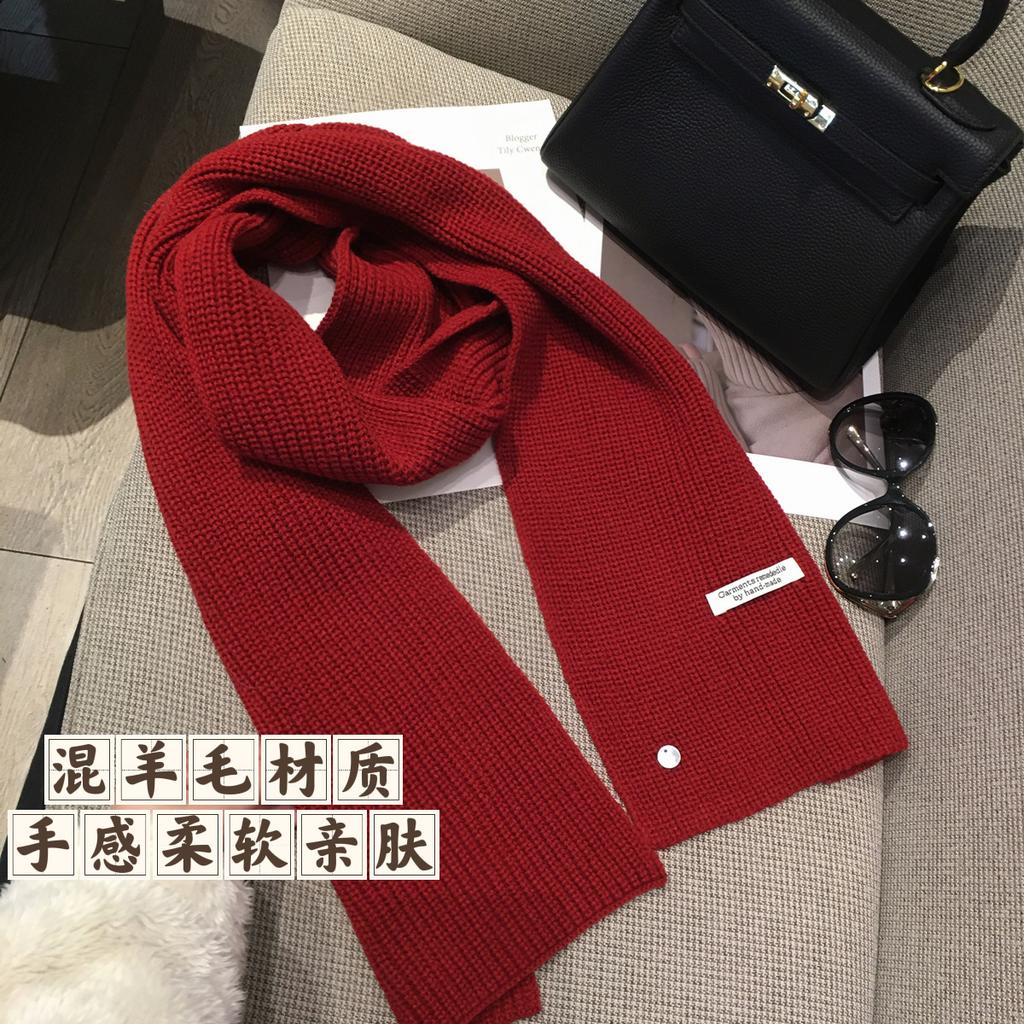 Korean cotton knitted wool scarf women's autumn and winter atmosphere white thickened warm solid color scarf