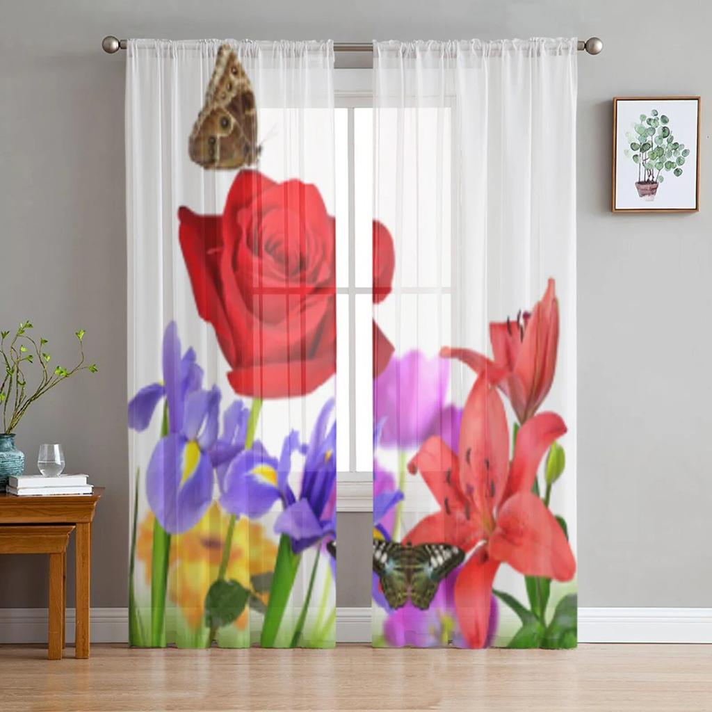 Tropical Orchids Floral And Butterfly Tulle Curtains For Living Room Decoration Modern Veil Chiffon Curtains Bedroom Sheer Voile