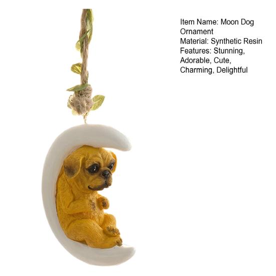Resin Moon Dog Ornament Cute Dog on Crescent Hanging Decoration with Hemp Rope for Indoor Outdoor Backyard Patio Home Decor
