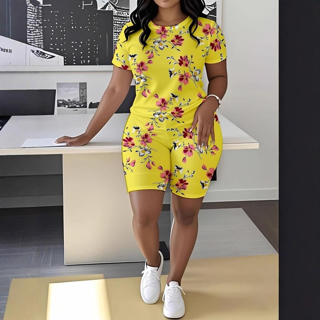 Butterfly Ladies Casual Suit Short Sleeve Shorts 1D Digital Flower Printing Fashion T-Shirt Two-piece Set