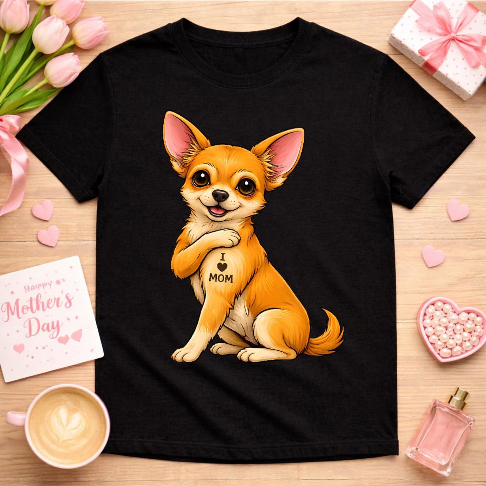 I Love Mom Chihuahua Tattoo Shirt, Funny Dog Mom Mothers Day Gift, Cute Chihuahua Mom Tee, Dog Lover, Tattoo Style Puppy XL