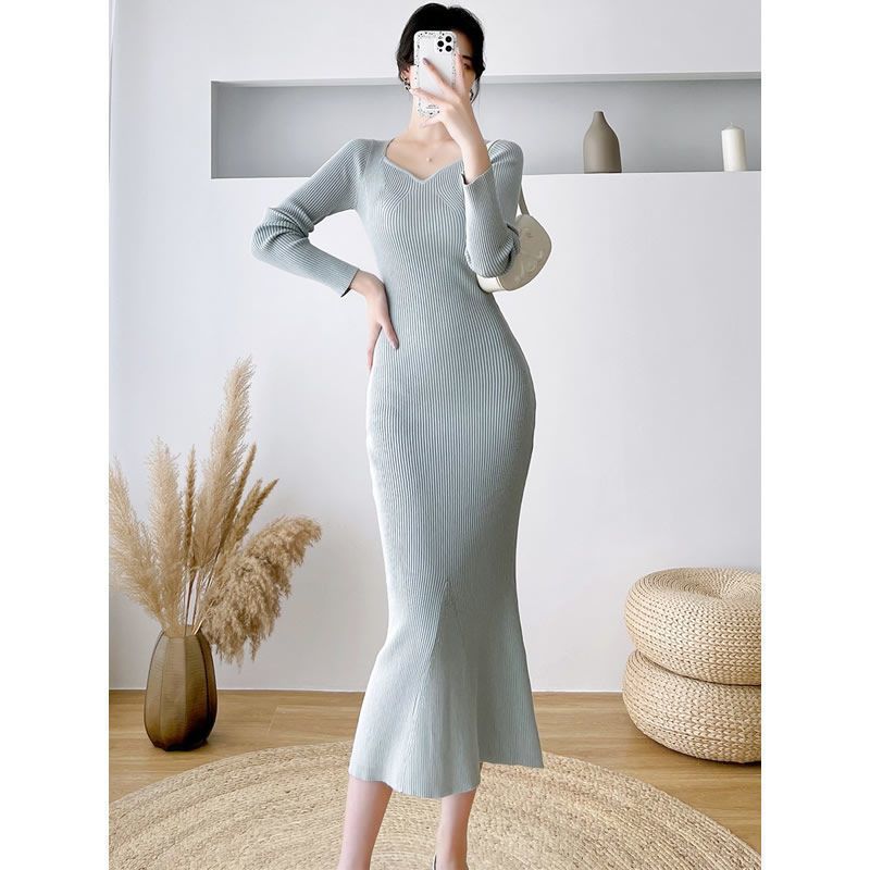 

Осенне-зимнее новое облегающее и тонкое вязаное платье женское пальто средней и длинной длины выше колена свитер юбка one size fits all