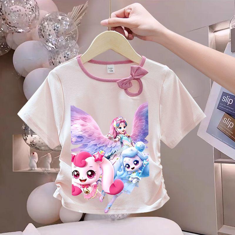 Girls' Cute Bowtie Top for Summer Children's Fashionable Round-neck Short-sleeved Pure Cotton T-shirt