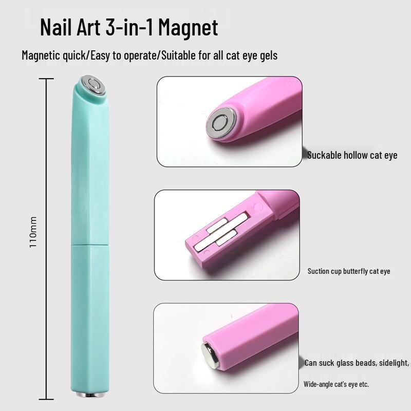 Three-in-One Cat Eye Magnet Nail Art Tool with Glass Beads & Butterfly Design