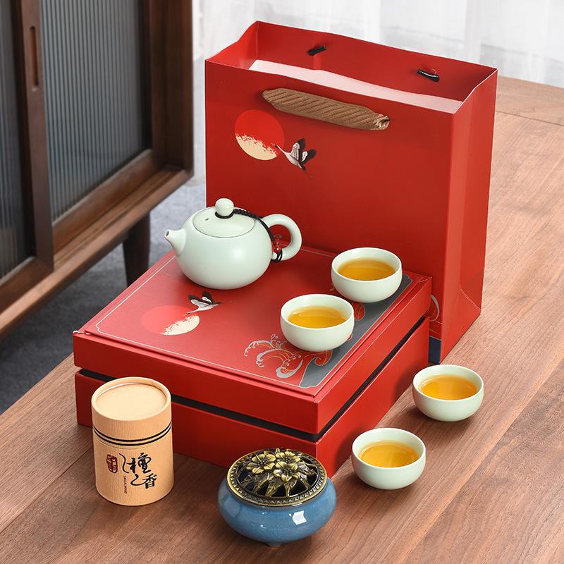 Black Pottery Kung Fu Tea Set Coarse Pottery Tea Set Company Gift Set One Pot and Four Cups with Fragrant Gift