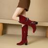 Red Black Women Knee High Boots High Square Heel Big Size 47