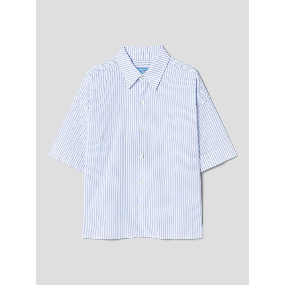 Saendeusaundeu (Unisex) Pinstripe Crop Short Sleeve Shirt Light Blue