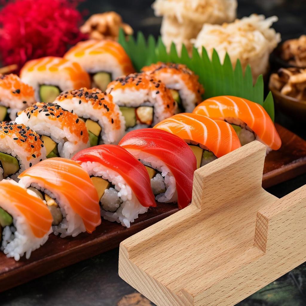 Amosfun Japanese Wooden Sushi Holder - Traditional Sushi Rack Taco Holder for Home Restaurant Party Use 3.54 X 1.96 X 1.57 Inches