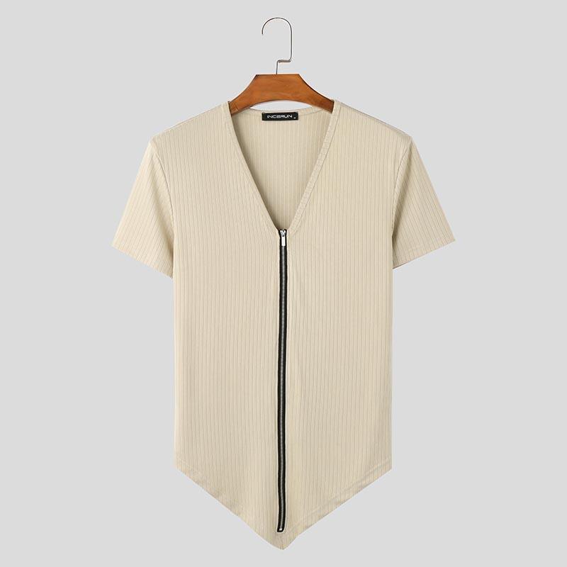 

INCERUN Summer Men V Neck Short Sleeve Zip-up Irregular Casual Skinny Rib T-Shirts Tops 5XL хакі