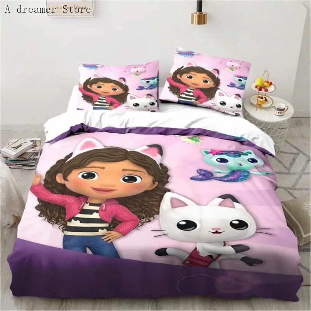 Gabbys Dollhouse Characters Bedding Set Cartoon Duvet Cover Pink Bedclothes Single Double Queen King Size For Girl Bed Set