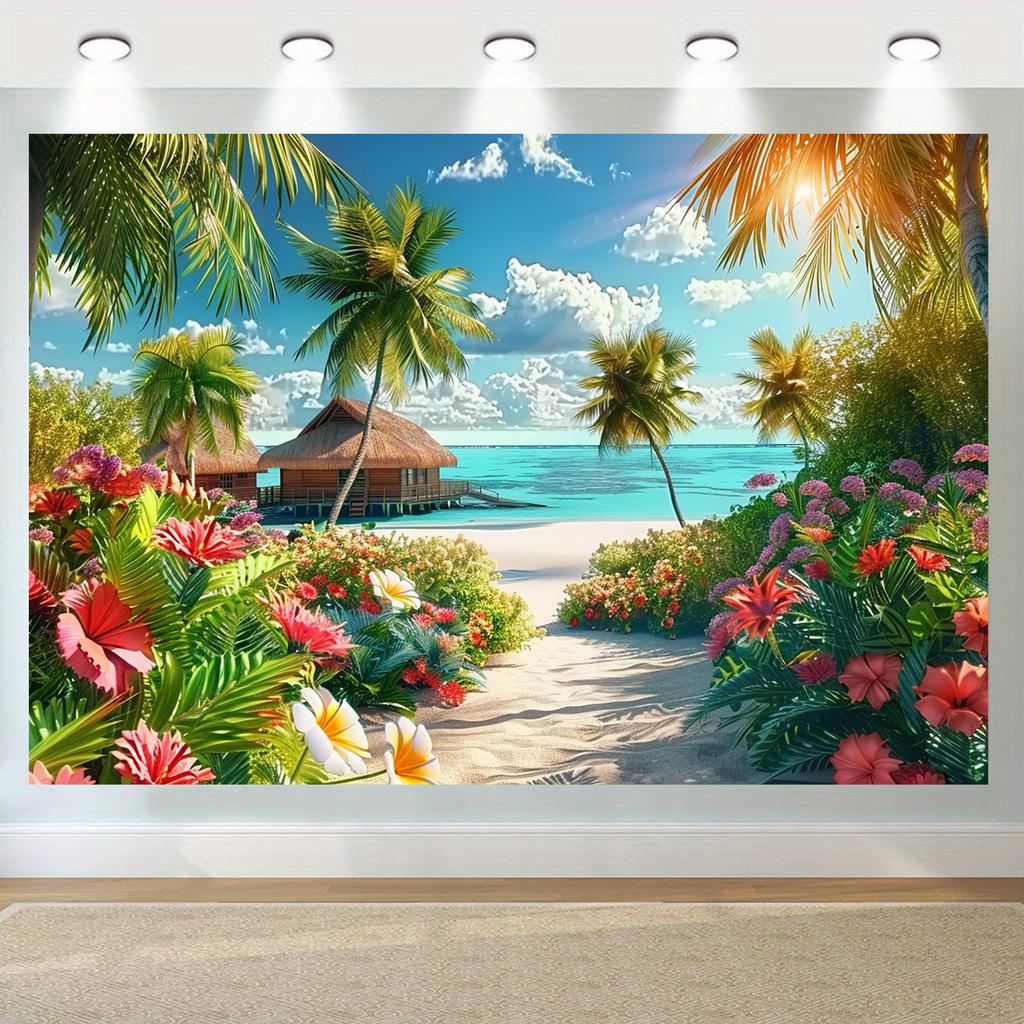 Tropical Paradise Beach Scene Polyester Background Fabric  Vibrant Palm Trees Turquoise Waters and Floral Designs