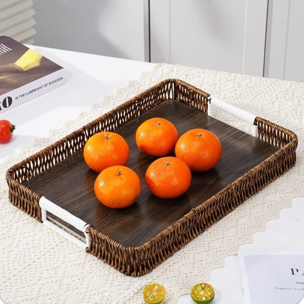 Handwoven Woven Serving Basket Woven Handheld Plastic Rattan Storage Tray Kitchen Storage