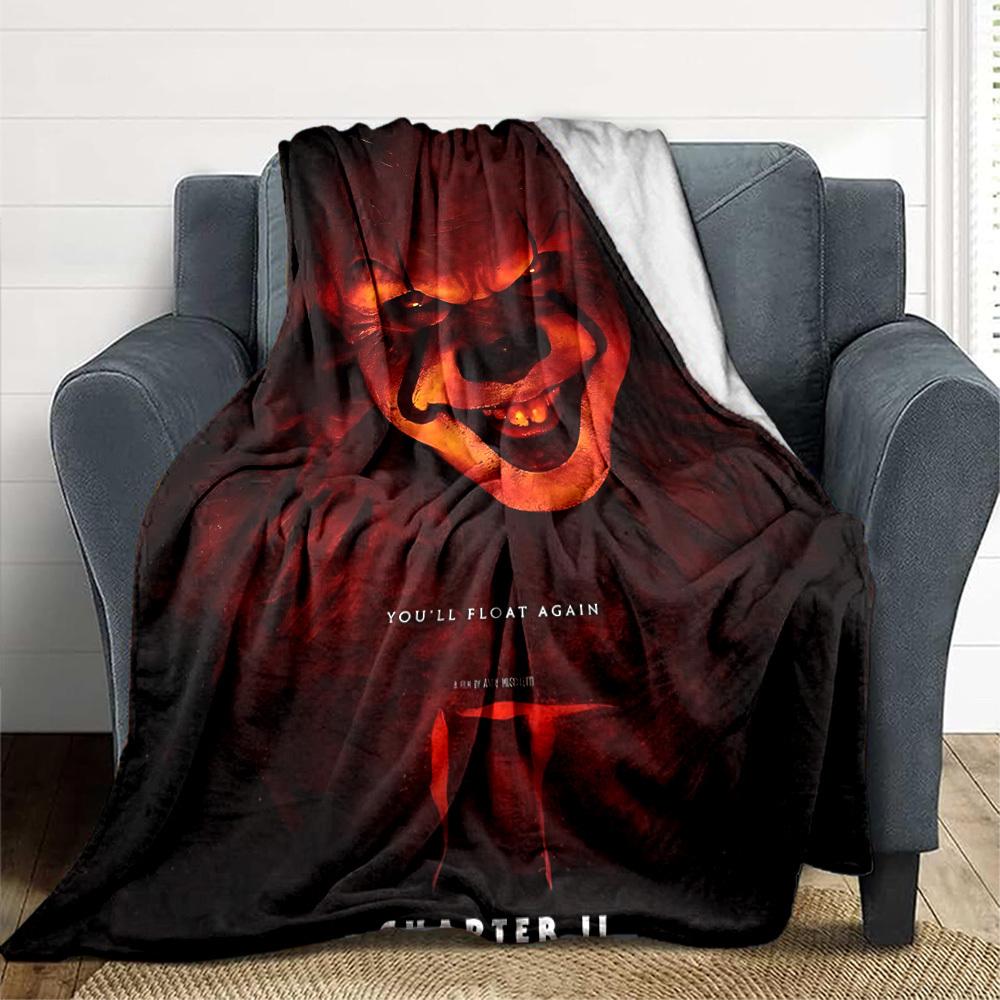 1pc It "Clown" Flannel Throw Blanket - HD Printed Lightweight Soft Warm All-Season Blanket for Sofa, Bed, Travel, Camping 018