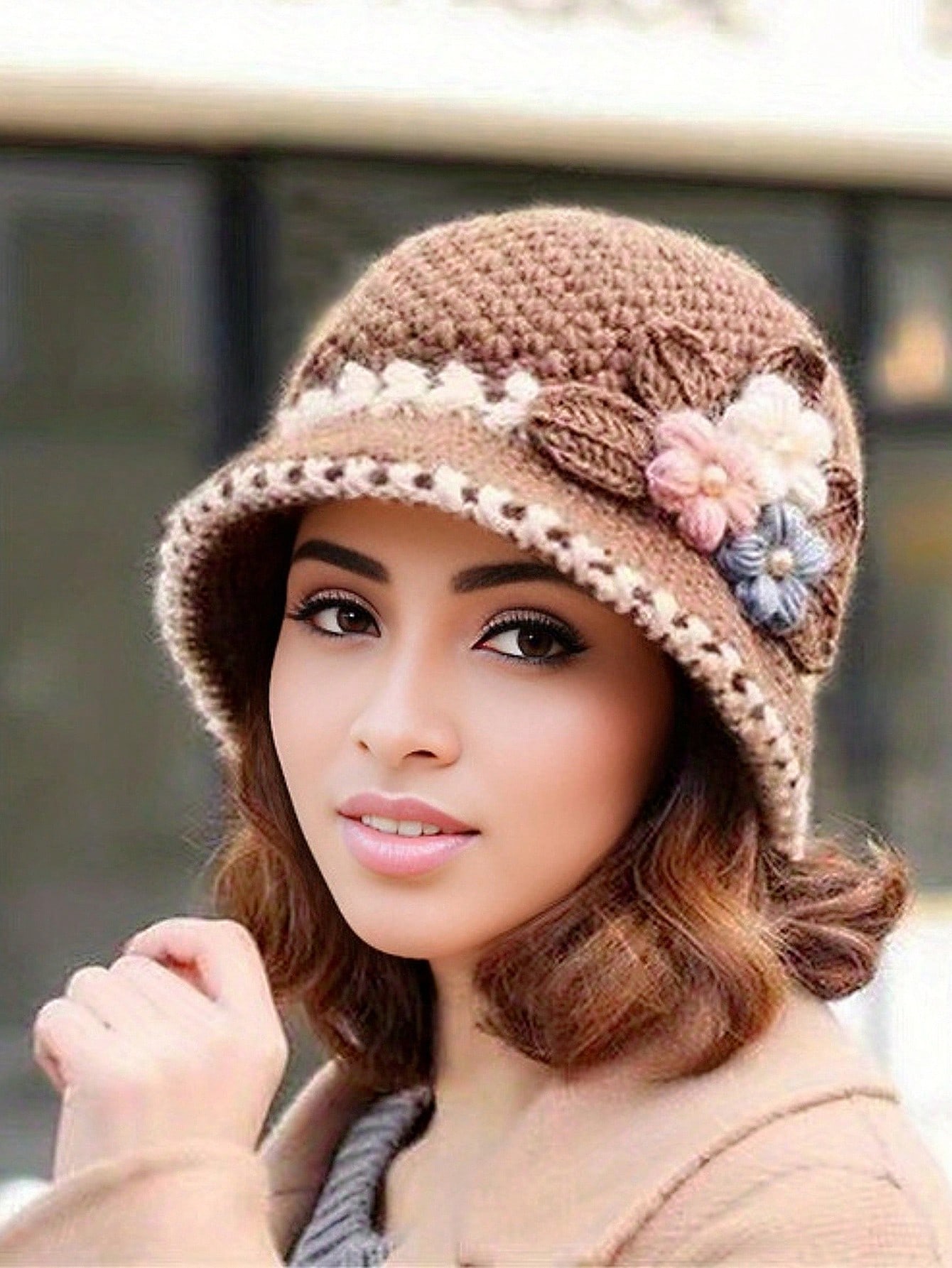 

Elegant Flower Crochet Bucket Hat Flower Knitted Basin Hats Lightweight Warm Bucket Hat For Women Autumn & Winter Boho шоколадный