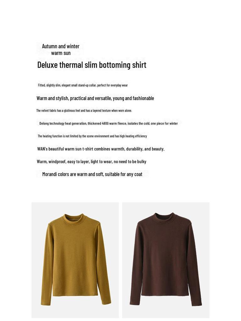 Haut d'automne/hiver en velours à col montant et manches longues, coupe slim pour femme