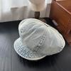 Retro and Old Washed Denim Octagonal Hat Women's Early Autumn Versatile Face Small Beret Big Head Circumference Newsboy Painter Hat