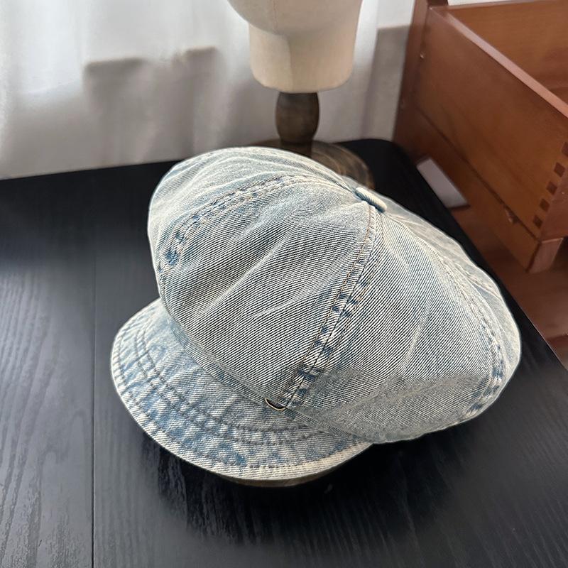 Retro and Old Washed Denim Octagonal Hat Women's Early Autumn Versatile Face Small Beret Big Head Circumference Newsboy Painter Hat