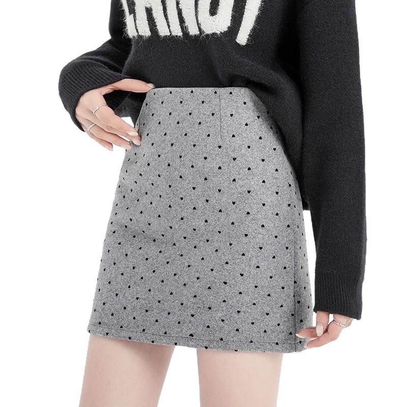 Korean Style Women's Gray Polka Dot Wool A-Line Skirt - Retro Hip-Hugging Short Skirt for Autumn/Winter