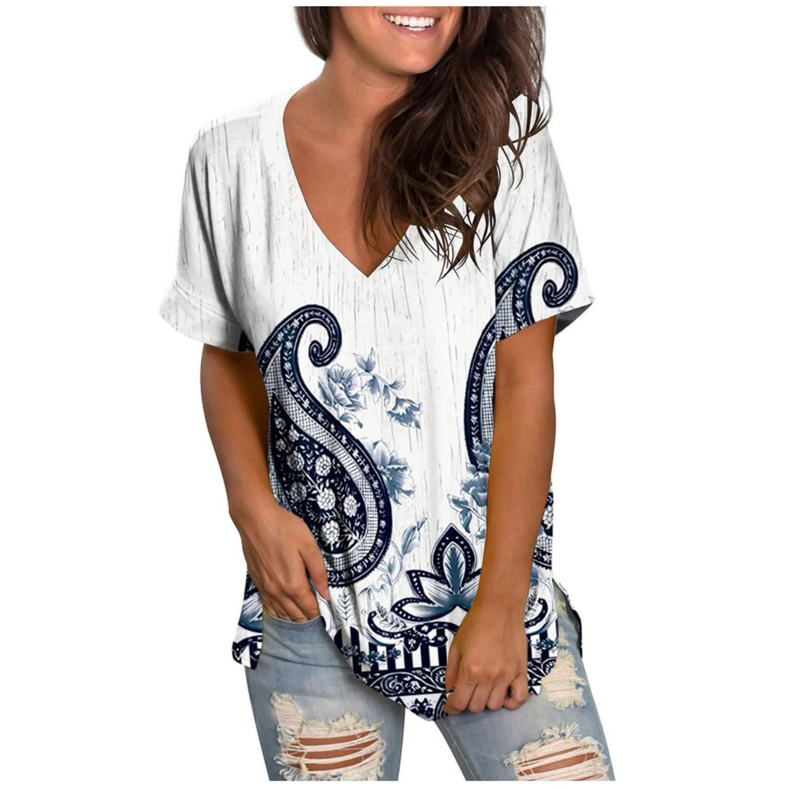 Women s Floral Print V-Neck Short Sleeve Casual Loose Blouse Tops XXXL