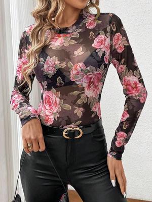 Elegancki siateczkowy top slim fit w kwiaty róży dla kobiet - Kolekcja Jesień/Zima