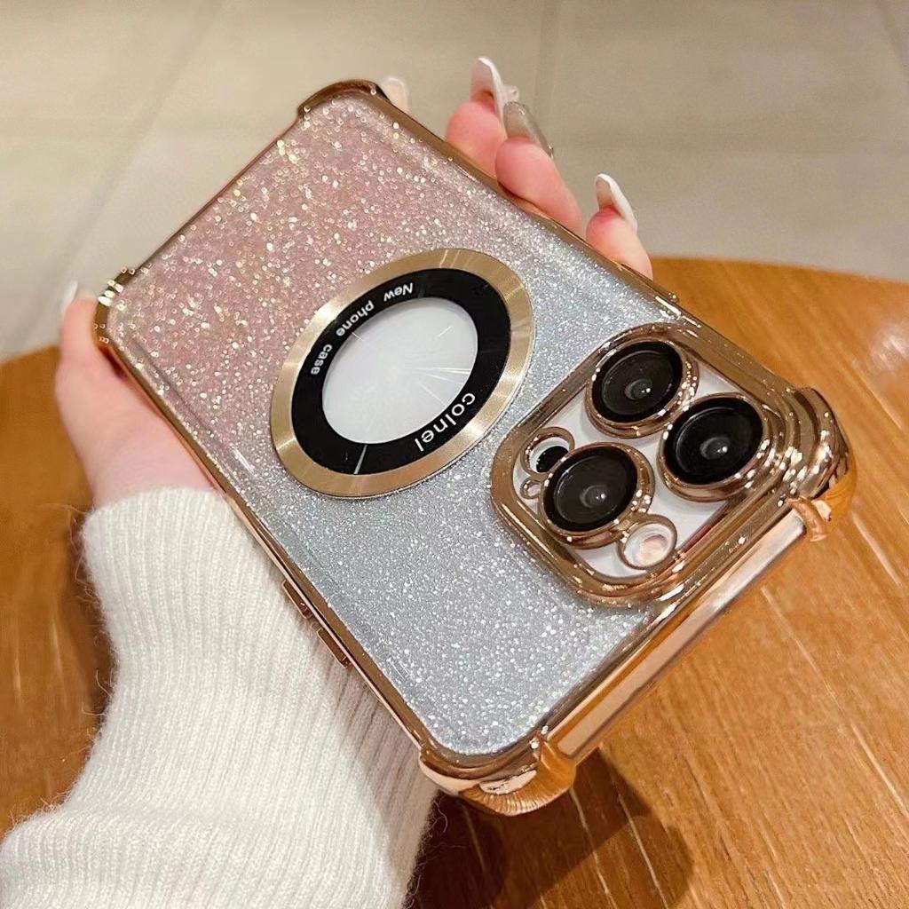 Applicable To IPhone16E Electroplated Four-angle Lens Film Mobile Phone Case Apple 15PRO Flash Powder Magnetic Bracket Protection Case
