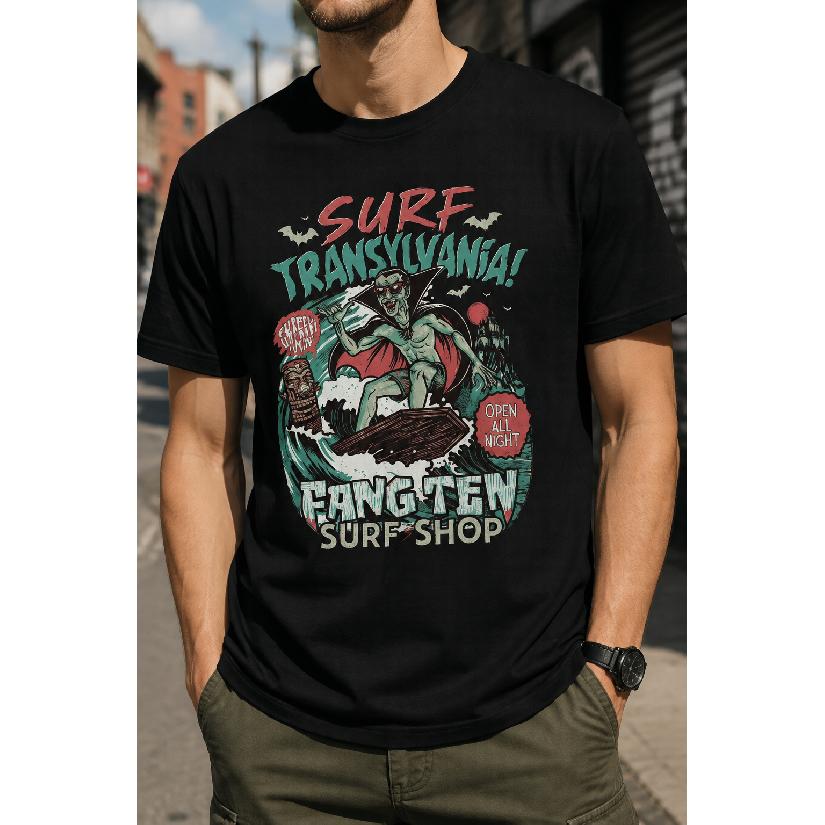 Plus Size - Men's T-Shirt S-5XL Featuring a Surf Transylvania Graphic With a Vampire Surfer Design - a Casual Short-Sleeve Round-Neck Top With a