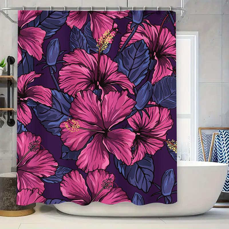 Vibrant Hibiscus Shower Curtain Waterproof Fabric Bath Decor in Pink Purple Navy Blue for Home Decoration