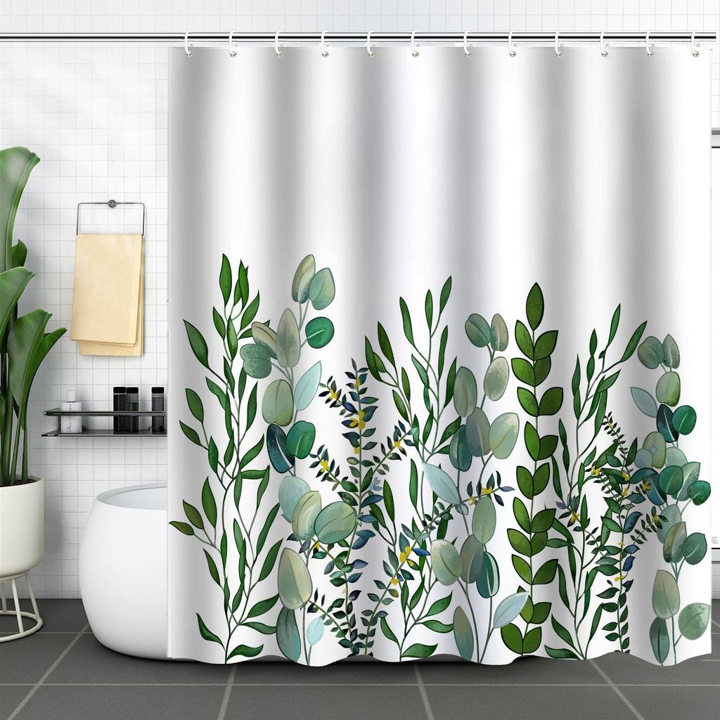 Green Plant Waterproof and Mildew-proof Polyester Bathroom Shower Curtain Shower Curtain Partition Curtain Free of Punching