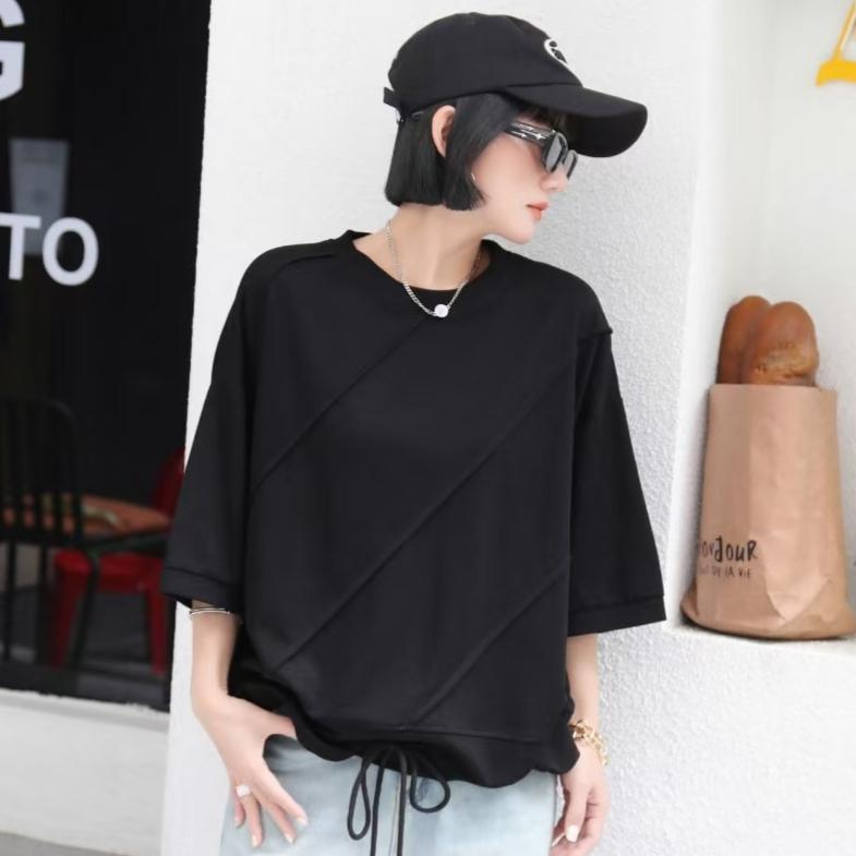 DIMANAF 2025 Plus Size Summer Solid Bat Stripe T-shirt Women Short Sleeve Loose Tops Tees