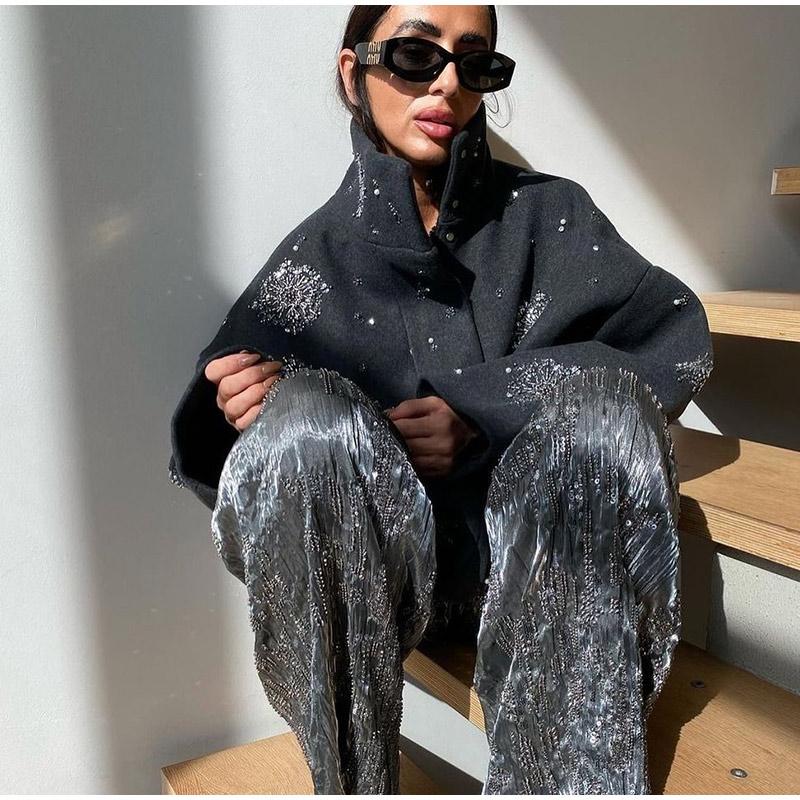 Lentejuelas Bordado Copo de Nieve Abrigo de Lana Mujer Cuello Alto Suelto Chaqueta Gruesa Vintage Manga Larga Abrigo Femenino Otoño Invierno Nueva Moda