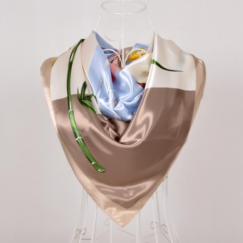 [BYSIFA] Navy Blue Chinese Roses Large Square Scarves New Female Elegant Large Silk Scarf Fashion Ladies Accessories 90*90cm