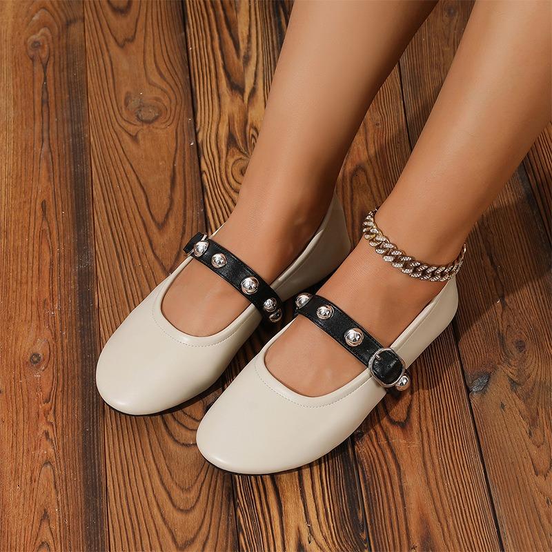 Spring and Autumn New Women's Shoes Riveted Leather Mary Jane Round Head Single Shoes Ballet Flats Cross