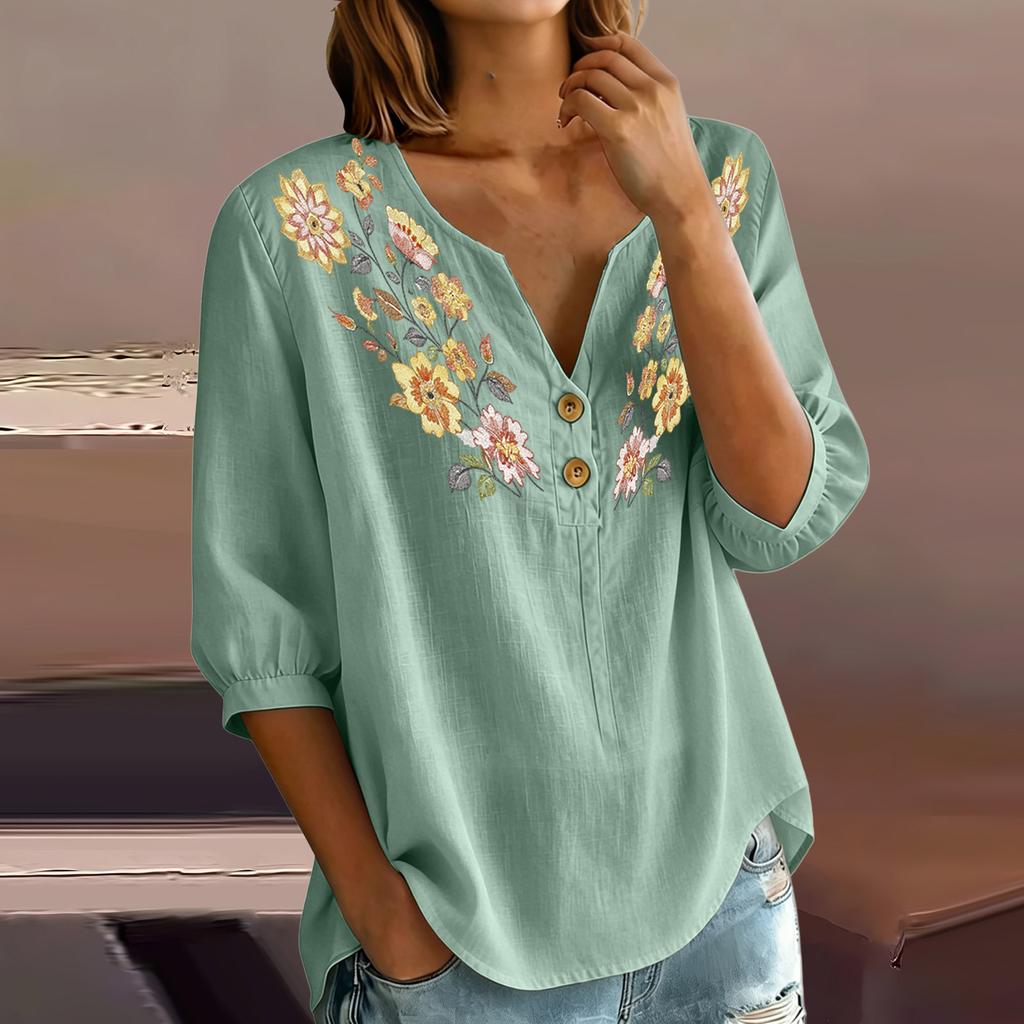 Women Floral Pattern Henley Neck Button Front Three Quarter Sleeve Linen Cotton Blend Shirt Casual Loose Fit Blouse