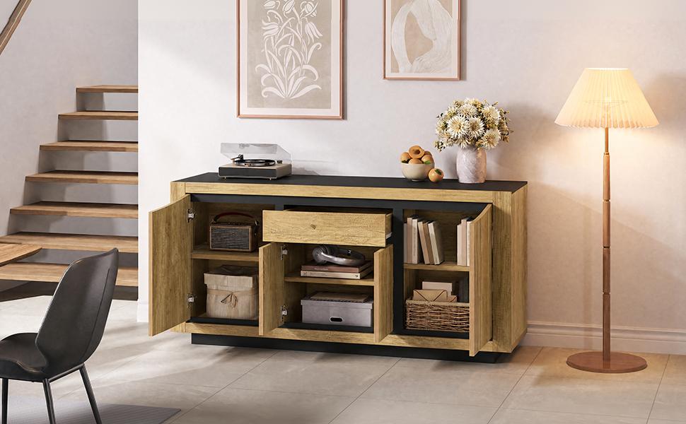 140*40*60cm Living Room Chest, Sideboard With 4 Doors, 1 Drawer, Dining Room Cabinet, Handleless Compartments, Sofa Side Cabinet, Wood Color + Black