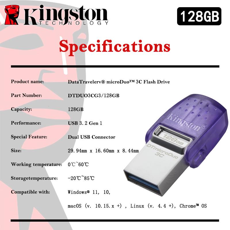 Kingston Typ-C USB3.2 Gen1 USB-Flash-Laufwerk OTG 256 GB 128 GB/64 GB Bis zu 200 Mb/s DTDUO3CG3 High Speed Pen Drive Duo-Anschluss für Telefon und Computer