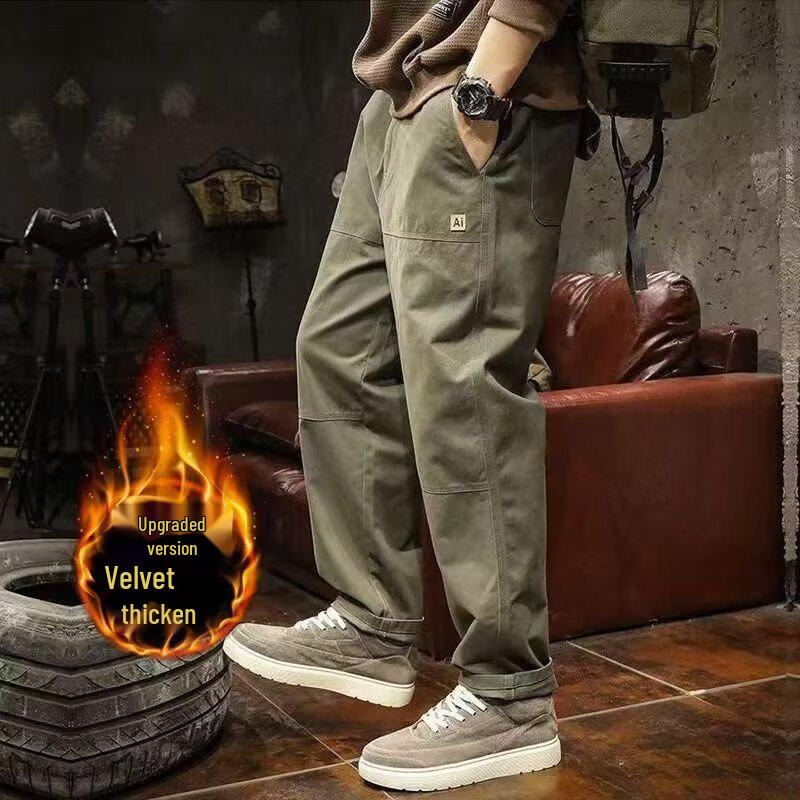 Men's Fleece-Lined Casual Cargo Pants - Straight Leg, Loose Fit, Plus Size, Autumn/Winter.