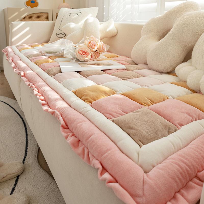 Color Blocking Checkered Sofa Cushion All-season Universal Plush Anti Slip Sofa Mat Bedroom Tatami Mat Children's Crawling Mat