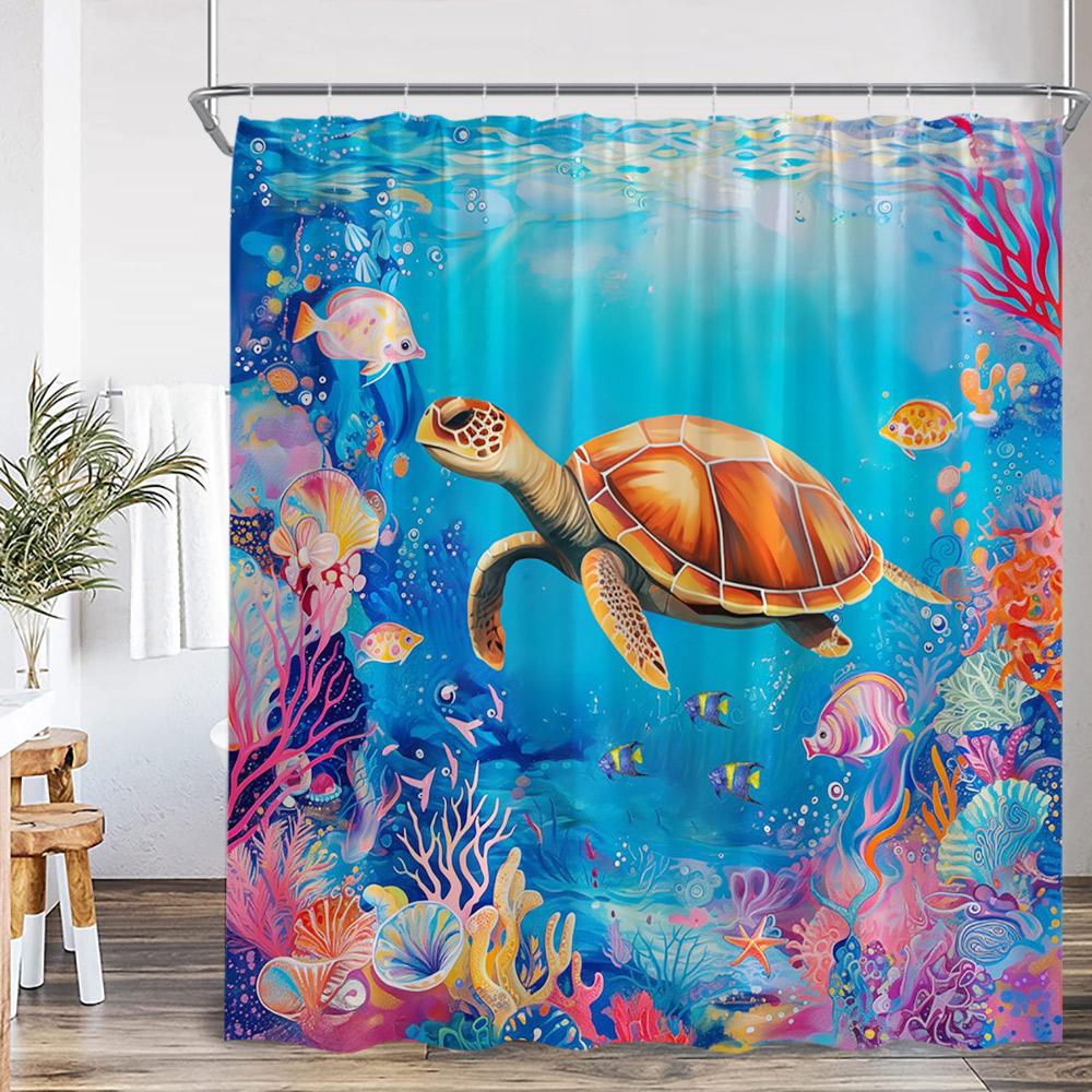 Undersea Cartoon Shower Curtain Sea Turtle Coral Seaweed Tropical Fish Ocean Bathroom Decor Polyester Fabric Bathtub Curtain