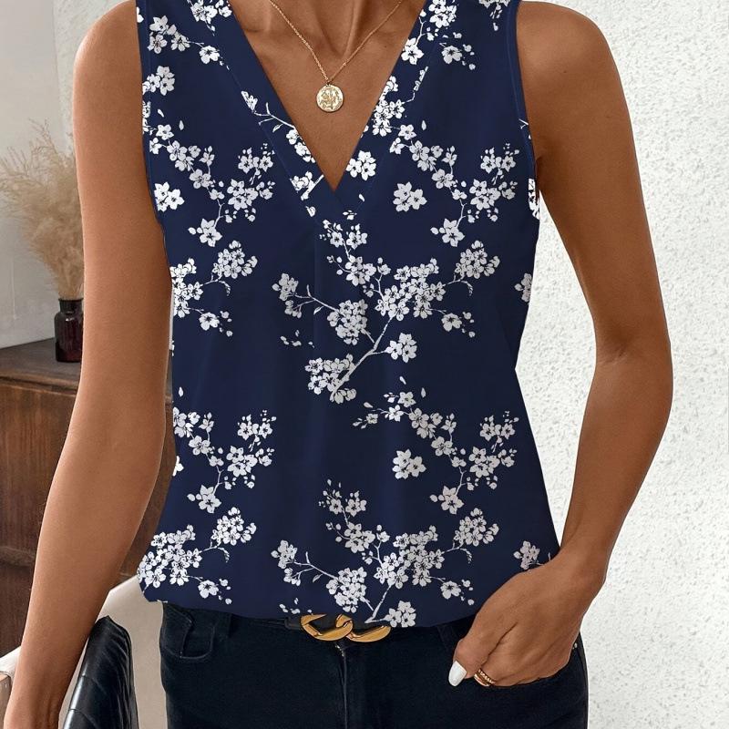

F 24598 V-Neck Digital Print T-Shirt Small синий