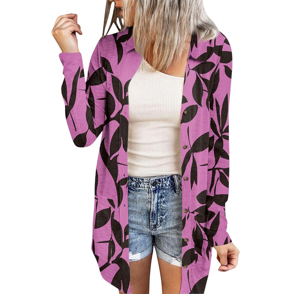 Women's Casual Fashion Floral Print Long Sleeve Mid-Length Cardigan Jacket
