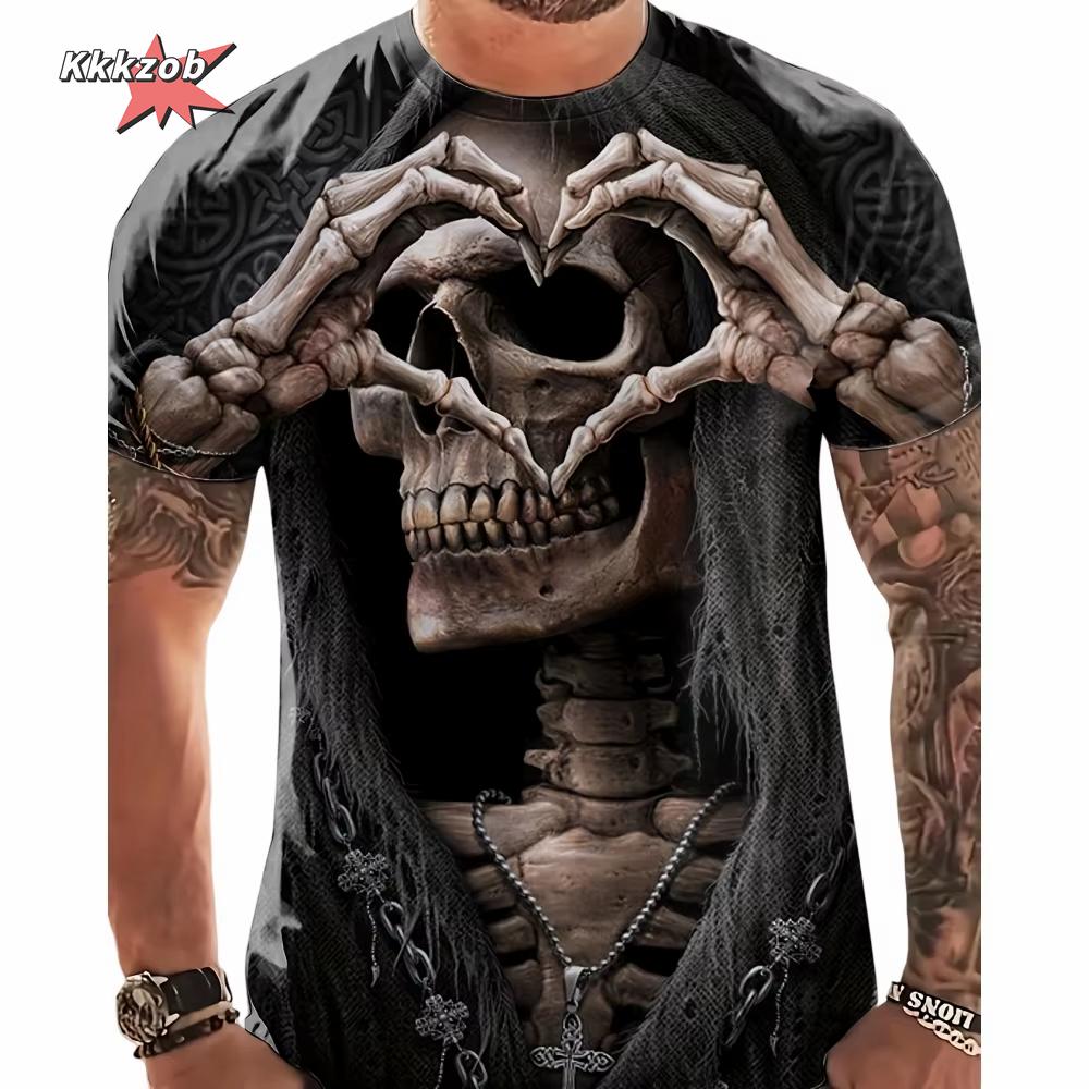 

Летний топ с круглым вырезом и принтом 3D-черепов, модные повседневные футболки с короткими рукавами для мужчин XL