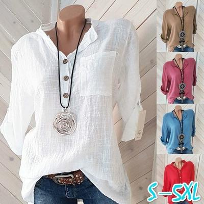 Damen Bluse mit V-Ausschnitt, einfarbig, Knopfleiste, Taschen, Übergröße
